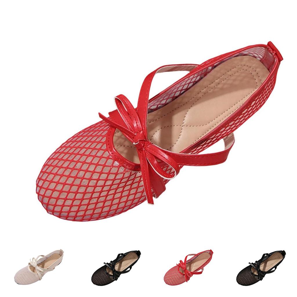 Women Mesh Hollow Out Breathable Flat Shoes Bow Tie Slip On Lightweight Casual Comfort Summer Sandals for Daily Wear