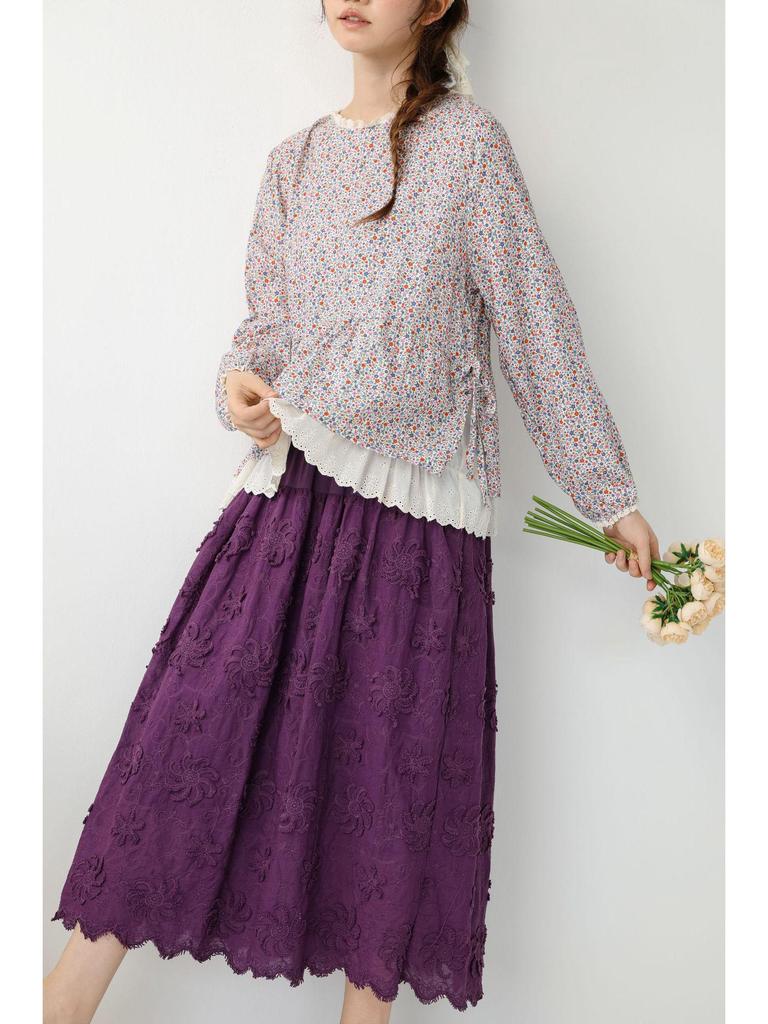 Saia Midi Bordada com Flores 3D Estilo Mori Girl com Forro – Casual & Versátil