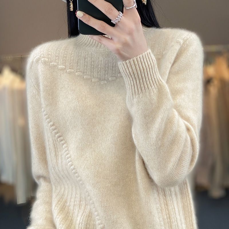 Damesemi-høy hals tykk ensfarget genser pullover avslappet løs og slankende strikket genser