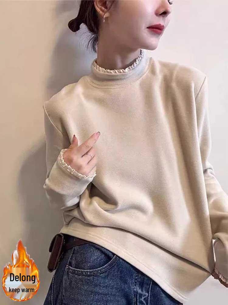 Color-Contrast Lace Half-High Collar Fleece Long-Sleeve Women's T-Shirt - 2026 Fashionable Casual Age-Defying Base Layer