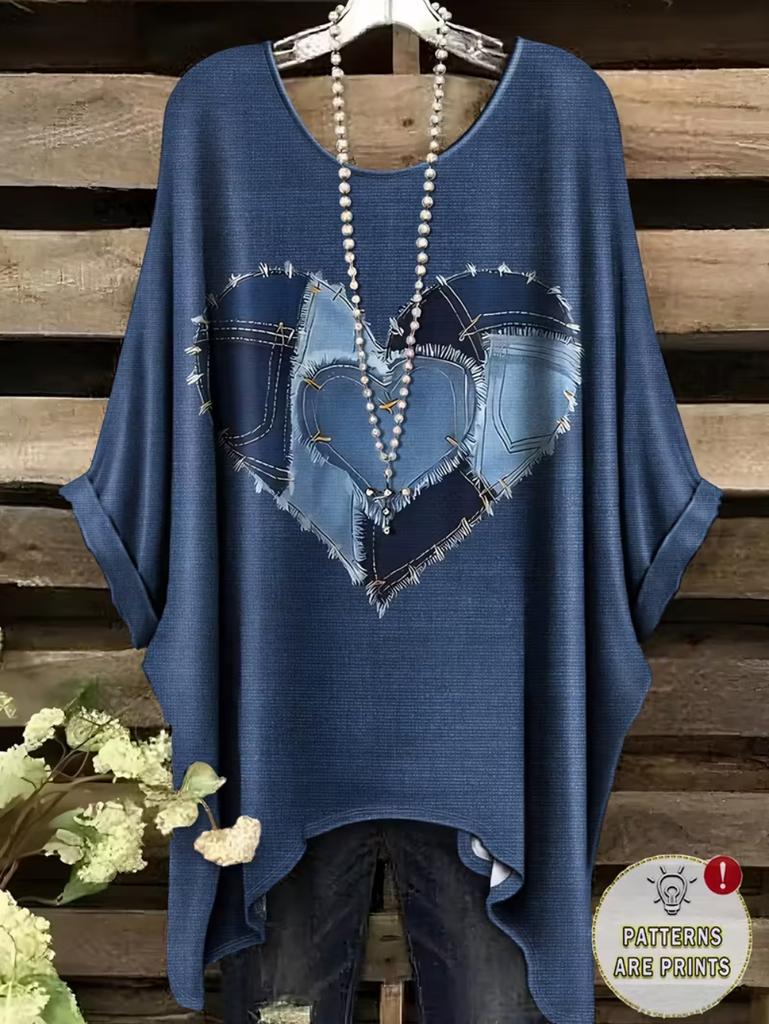 Elegantes Bohemian Chic Übergroßes Einfaches Retro Liebesdruck Druck Damen T-Shirt Asymmetrischer Saum Rundhalsausschnitt Vielseitige Damenbekleidung