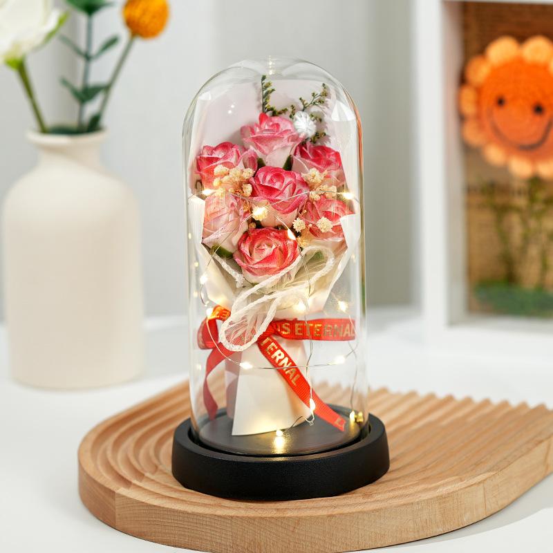 New Qixi Festival Valentine's Day Gift Rose Lantern Glass Cover Immortal Flowers Dried Flowers Bouquet Teachers' Day Carnation Ornament
