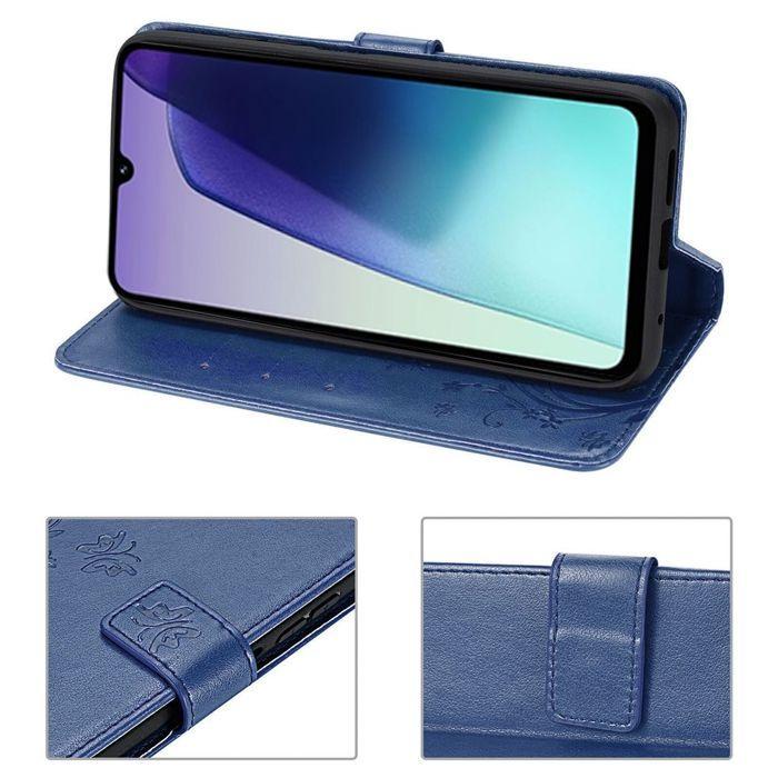 Coque et Verres Trempés Pour Xiaomi Redmi 14C - Protection Antichoc - Motif Papillon - Cuir PU Bleu Marine