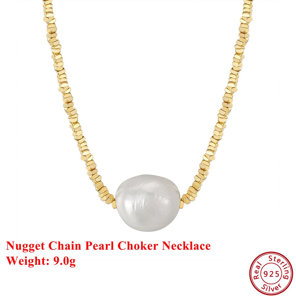 EFFIE QUEEN 925 Pure Silver 14k Gold Nugget Chain Big Pearl Choker Necklace Luxury Jewelry for Women Wedding Banquet Gift GPN36