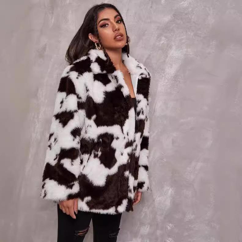 Women's Harajuku Style Black and White Cow Print Faux Rabbit Fur Coat - European and American Autumn/Winter Jacket