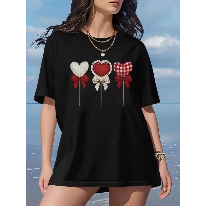 Dámské bílé tričko s krátkým rukávem plus size Rozkošné lízátko ve tvaru srdce 3D potisk Ležérní sladký styl na léto