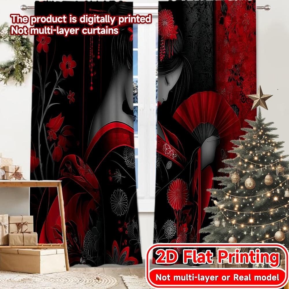 

2D FLAT PRINTING 2pcs Curtains (Without Rod) Elegant Red and Black Kimono Ramadan Festival Minimalist Curtains Polyester Easy 100*130 Grommet Top 1pcs