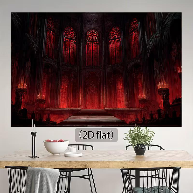 

2D Dark Fantasy Cathedral Tapestry, Red Stained Glass & Candles Wall Hanging 47.2x31.5inch/120*80cm