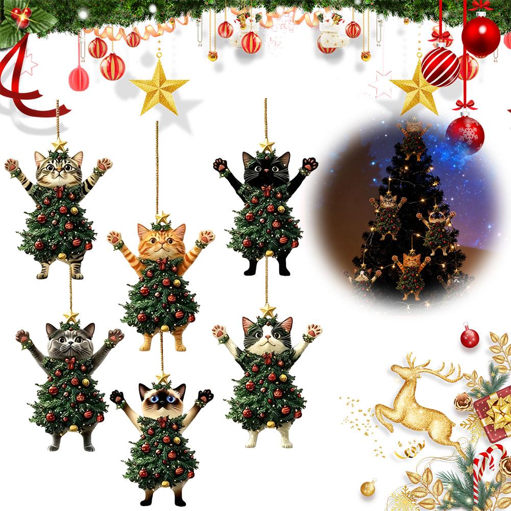 6/12/24 Stück Weihnachtskatze Holzornamente - 2D Flach Niedliches Festliches Katzenmuster Aufhänger Leichte Feiertagsdekoration Für Weihnachten