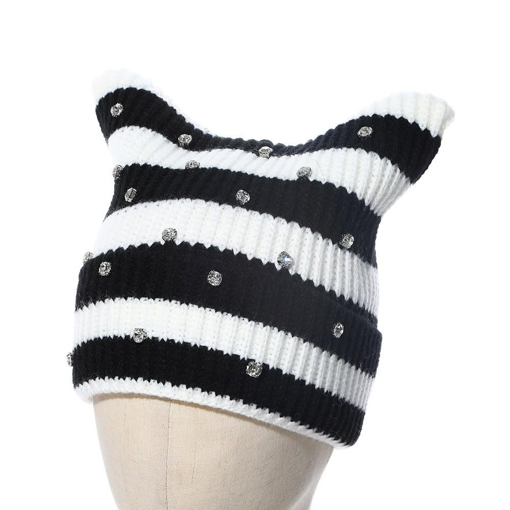 Yarn Cat Ear Beanie Stretchable Knit Striped Hat Gifts Knitted Beanie Hat Spring Autumn Winter