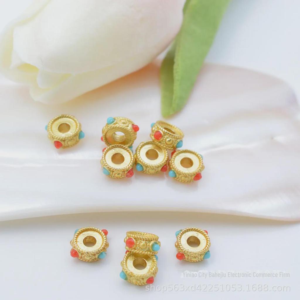 Gold-Tone Inlaid Green Stone Beads: DIY Bracelet & Necklace Accessories