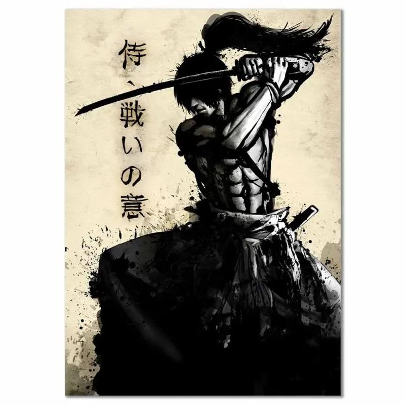 Vintage Ink Mural Modern Japanese Samurai Wall Art Poster Home Decor Picture Print Canvas Painting Living Room Light Decoration