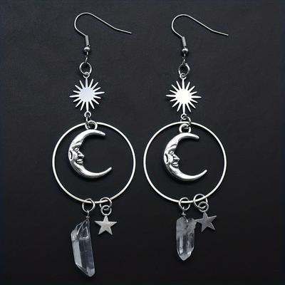 Silvery Sun Moon Star Artificial Crystal Design Dangle Earrings Goth Cute Style Alloy Jewelry Delicate Female Gift