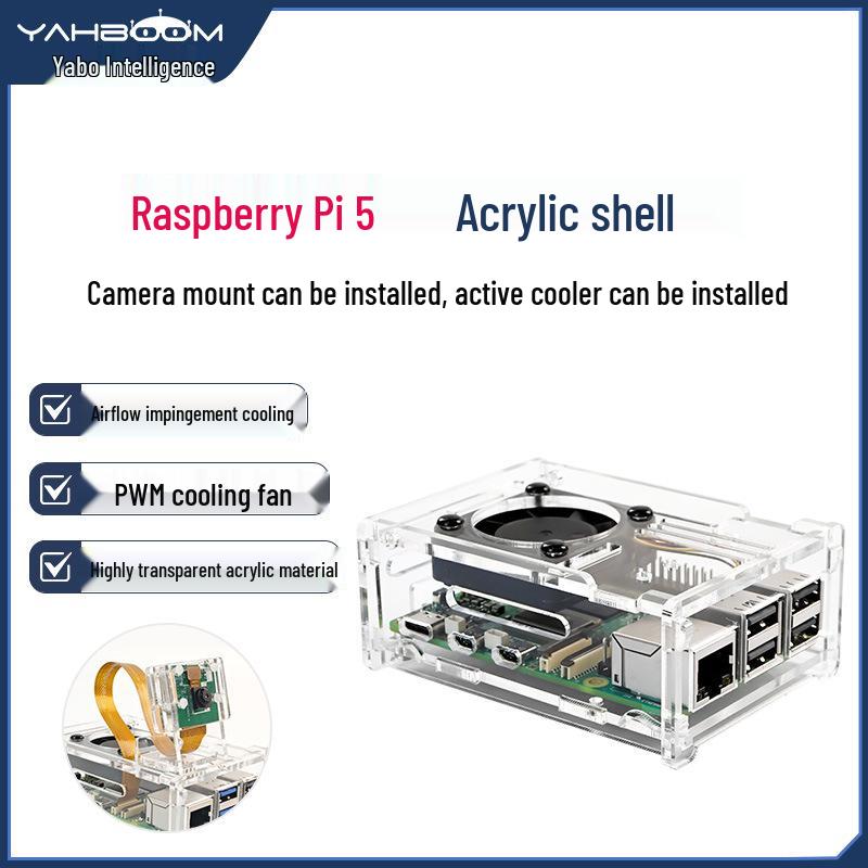 Raspberry Pi 5 Transparenter Acryl-Case mit PWM-Lüfter, Kühlkörper & Kameraschutz