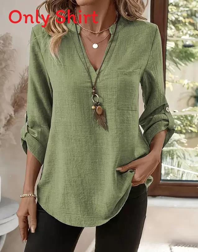 Womens Casual Cotton Linen Blouse With Pockets And Vneck For Summer 2025