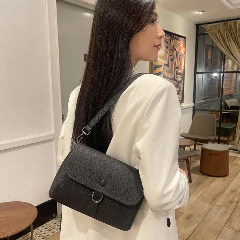 Women's Genuine Leather Luxury Underarm Bag Square Handbag Solid Versatile Real Cowhide Multi Compartment Single Shoulder Bag