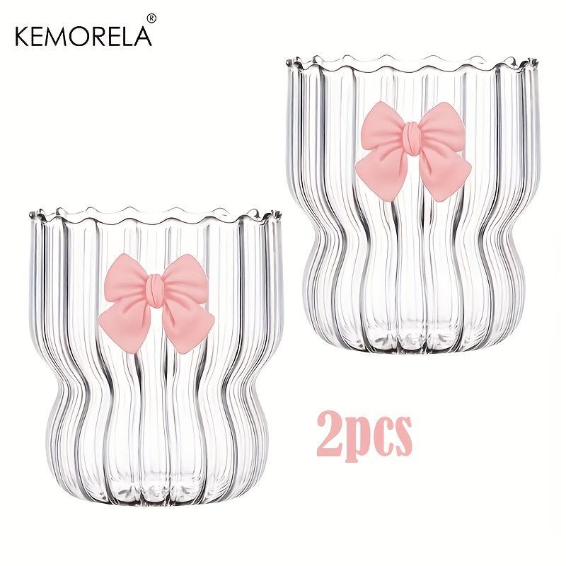 2/4/6pcs Bow Vintage Ripple Glass 350ml Decorative Iced Coffee Cup for Juice Beer Beverage Water Dessert Coffee Cup with Bow 350ml