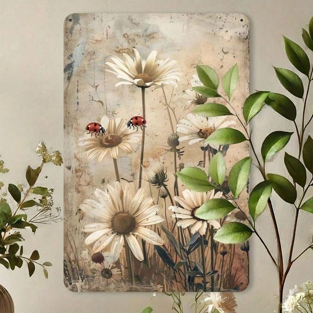 Vintage Rusty Metal Wall Art Daisy Ladybug Decor for Home Cafe