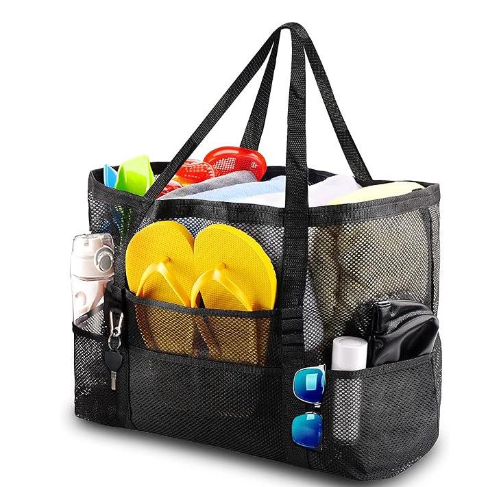 Mesh Beach Bag with 8 Pockets - Large Capacity Travel & Toy Storage Bag