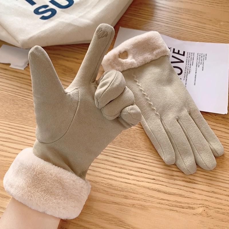 Gloves Women's Winter Warm Fleece Thickened Cute Riding Cold Wind Five-finger Touch Screen Plush Gloves