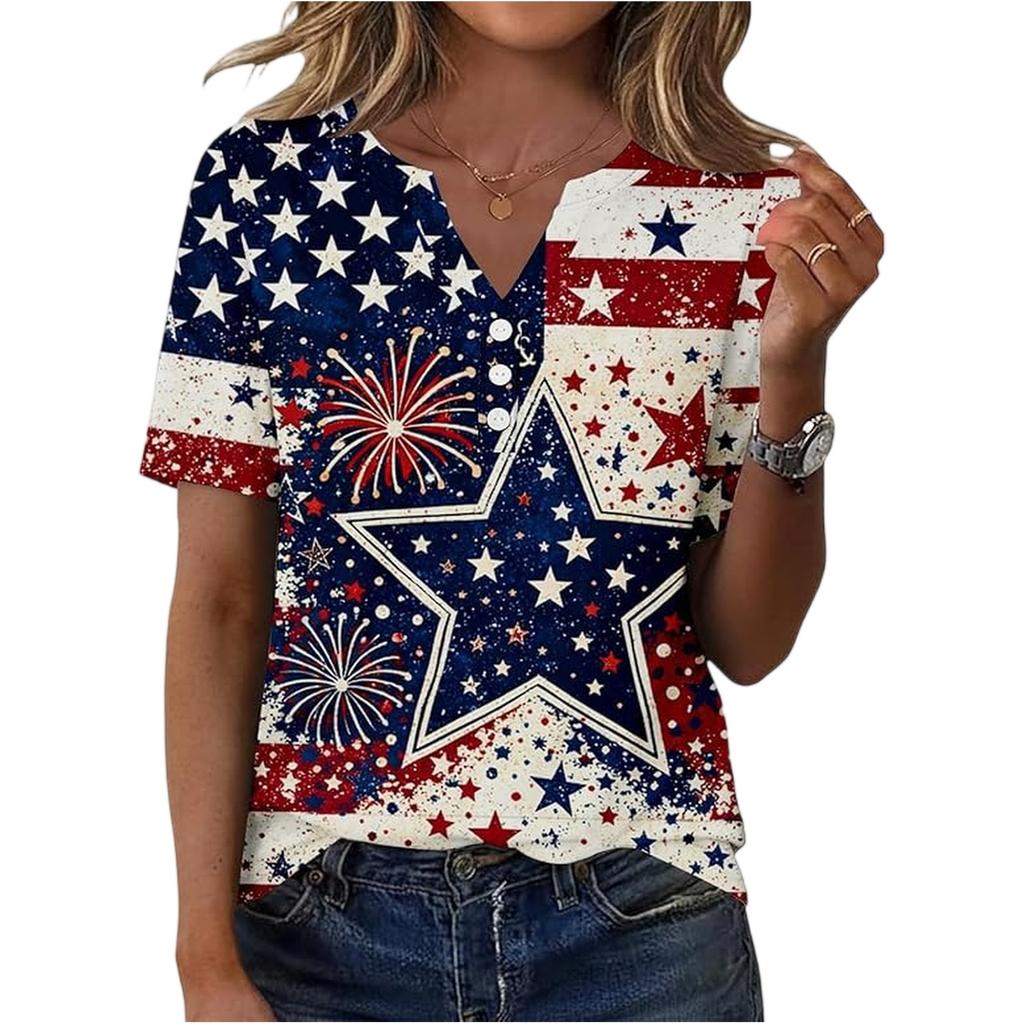 Women’s Short Sleeve Henley Neck T Shirt with Flag and Floral Print Button Casual Loose Fit Top