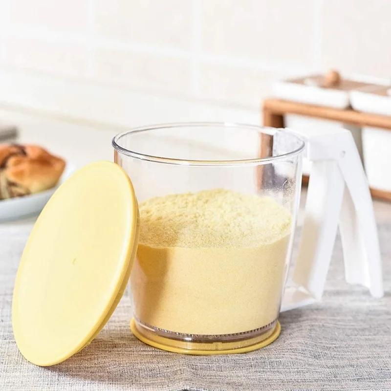 Griff Presse Tasse Form Mehl Sieb Backen Puderzucker Pulver Sieb Sieb Filter mit Deckel Küche Werkzeug Küche Gadget