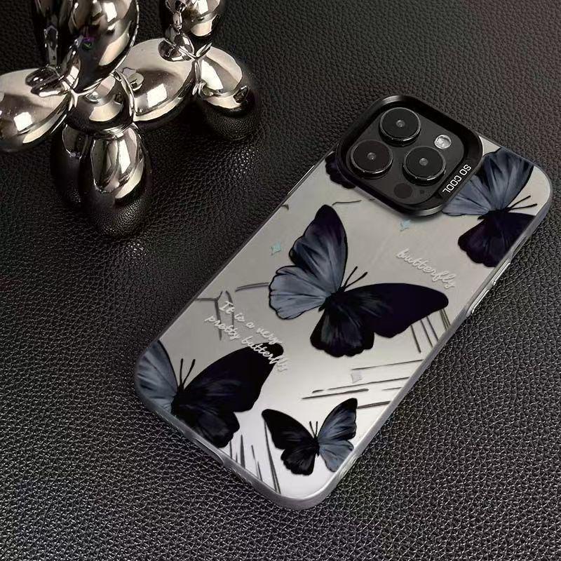 Obsidian Butterfly Silver Shell Phone Case for Apple 17/16/15 Pro, 14 Pro Max, 13/12/11X
