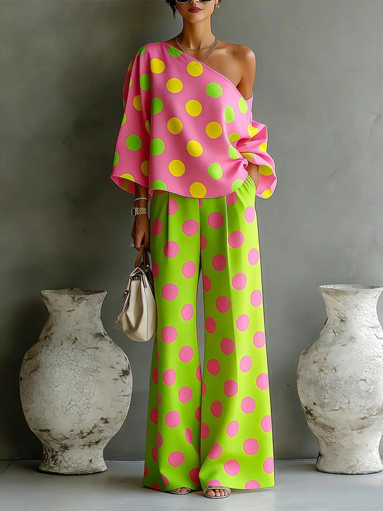 Summer New Colorful Polka Dot Off-Shoulder Flowy Two-Piece Pants Set for Women