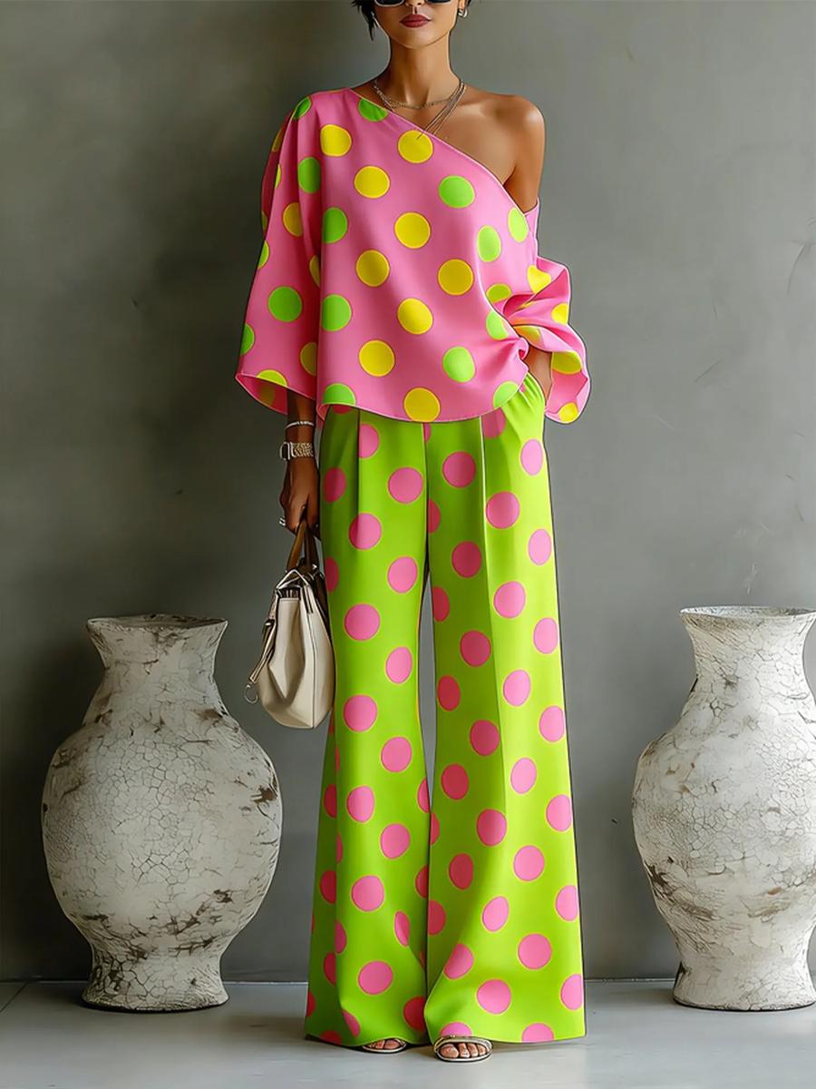 Summer New Colorful Polka Dot Off-Shoulder Flowy Two-Piece Pants Set for Women M