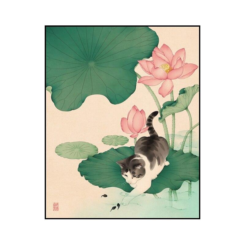 Arte de animais engraçados adoráveis, gato brincando com peixes na água, pôster, pinturas em tela, impressão, arte de parede, imagem para casa