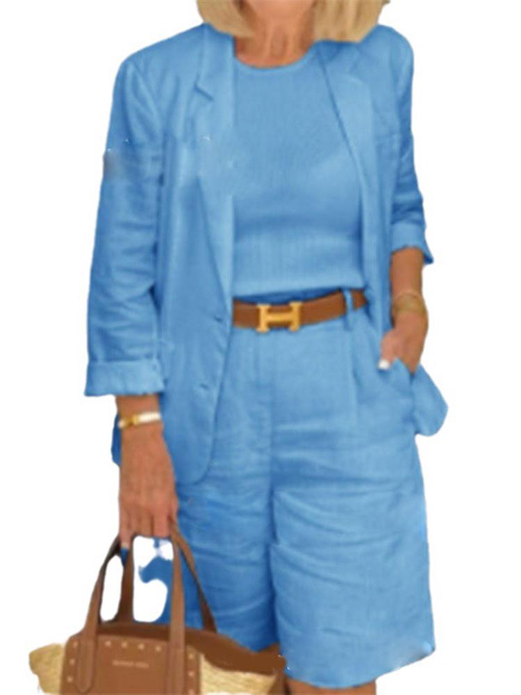 2025 Spring & Autumn Women's Cotton-Linen Cardigan Suit: Two-Piece Set with Top & Shorts