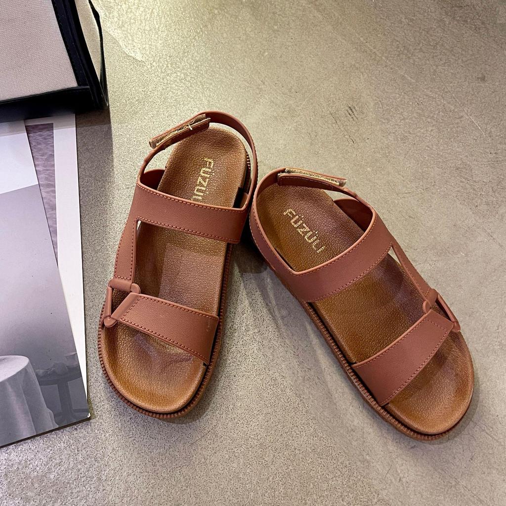 Women's Summer Sandals: Solid Color, One-Strap, Open-Toe, Velcro Flats for Beach