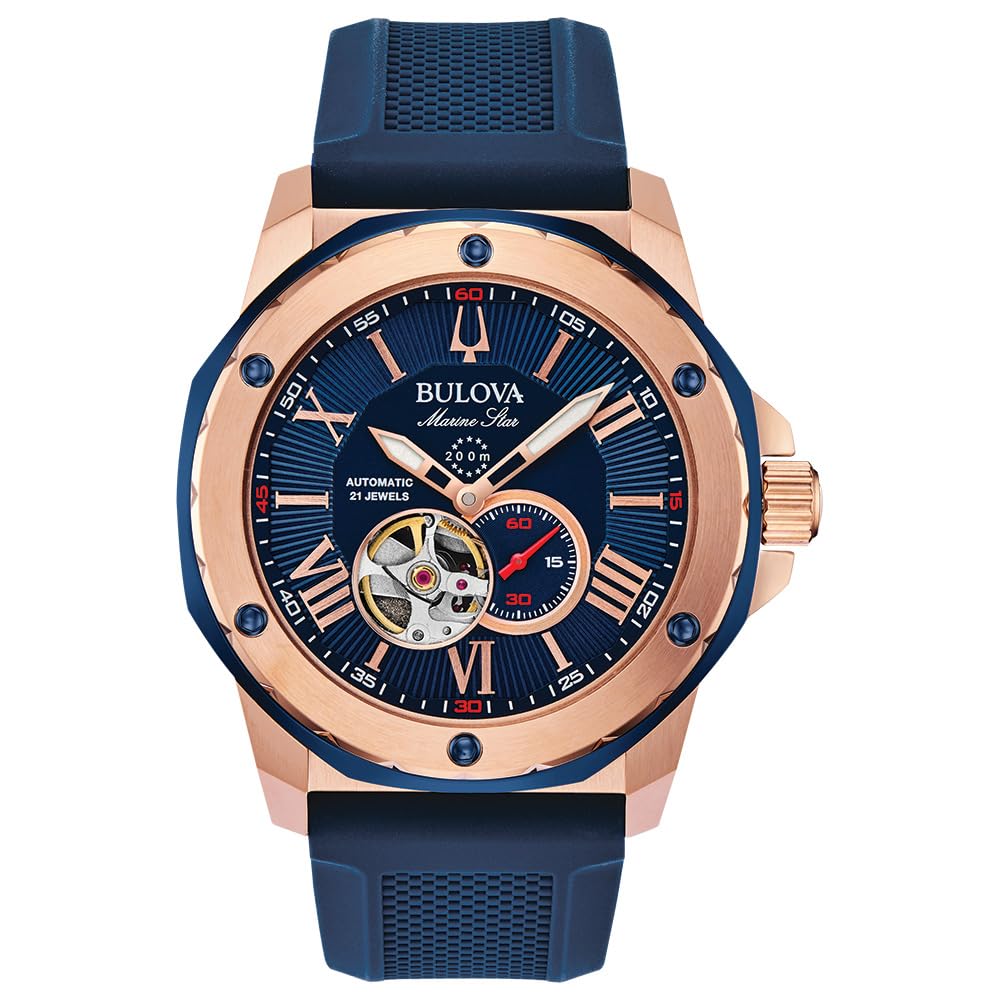 Bulova Marine Star Automatic Blue Dial Watch 98A227 Rose Gold Tone