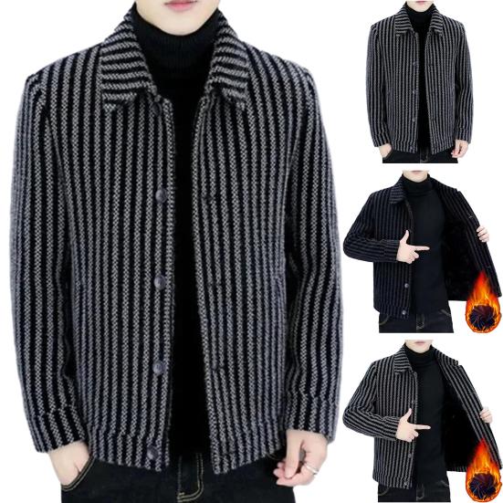 Pánská bunda Rozepínací límec Dlouhý rukáv Pruhovaný Jednořadý Silný Teplý Cardigan Volný Velká velikost Střední délka Ležérní Obchodní styl Pánský kabát