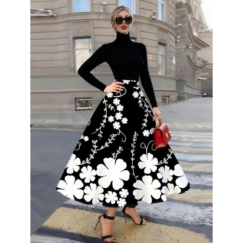 Casual Printed Midi Skirt for Women Black and White Floral Pattern A Line High Waist Summer Spring Fall Winter Fashion Skirt