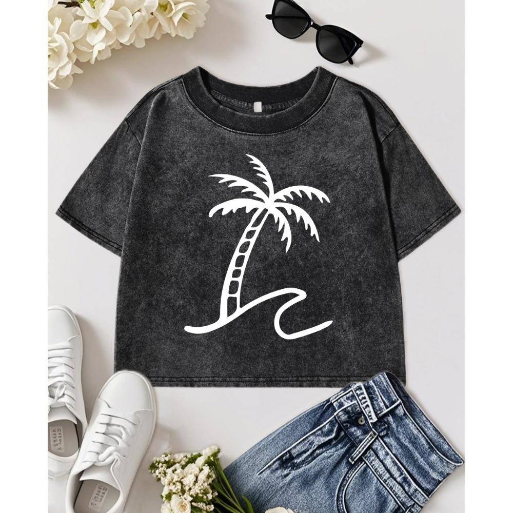 Simple Coconut Tree Print Washed T-Shirt Women Slim Y2K Crop Tee Shirts Cotton Summer Tops Short Sleeve Female