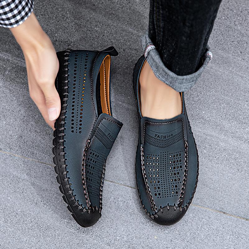 Herren Loafer aus Leder, zum Hineinschlüpfen, Größe L: Sommer atmungsaktive Hohl Design Fahrerschuhe