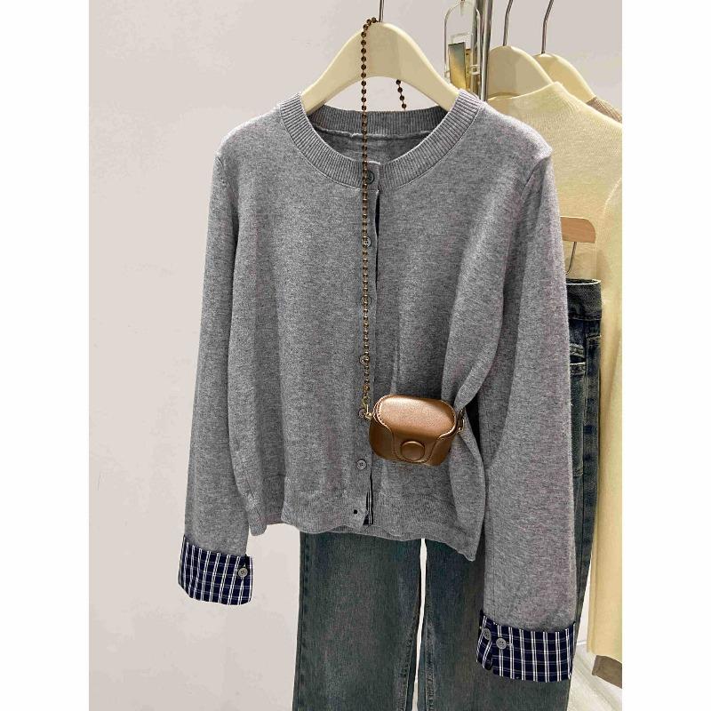 Premium Plaid Splicing Top Jacket Women's Autumn Stacking Wear Soft Waxy Knitted Sweater Cardigan