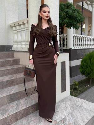 2026 Autumn Crossover Neck Waist-Cinched Solid Color Casual Long Dress
