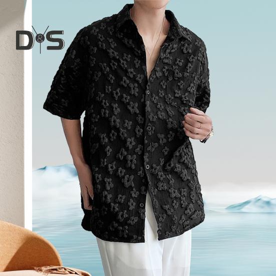

Мужская рубашка с коротким рукавом, отложным воротником и тисненым цветочным узором, свободная футболка в стиле ретро для повседневных поездок на пляж, свадьбу, в офис S чёрный