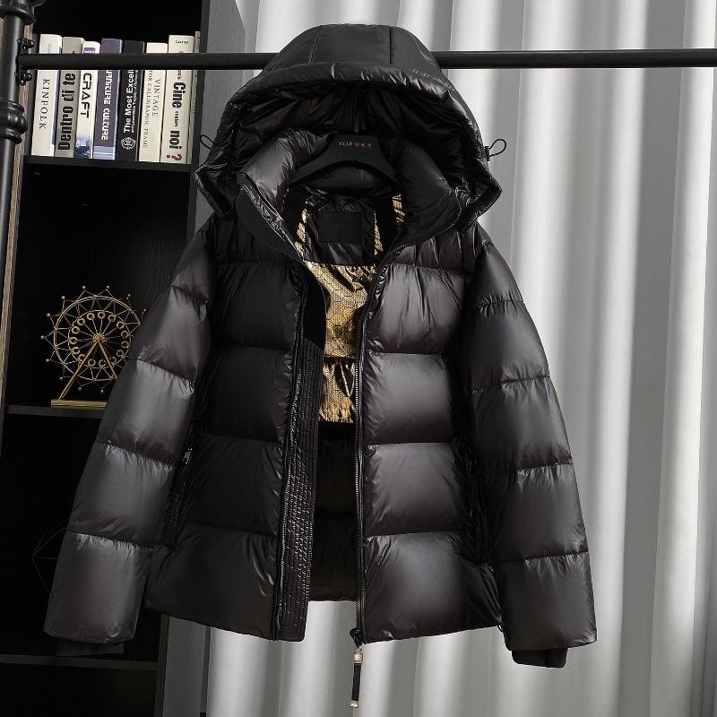 Gänsedaune neue Kapuzenmode dünn verdickt warm schwarz gold kurz Daunenjacke Damenmantel