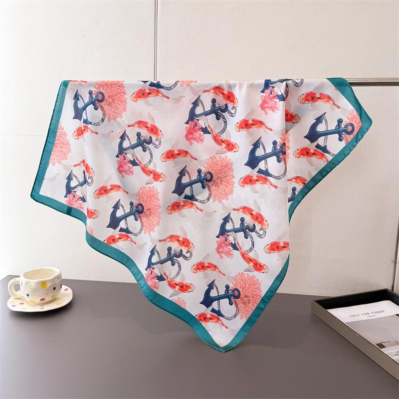 high-end feeling 70 small square cloth ocean print imitation silk scarf shawl neck scarf neck scarf scarf for women