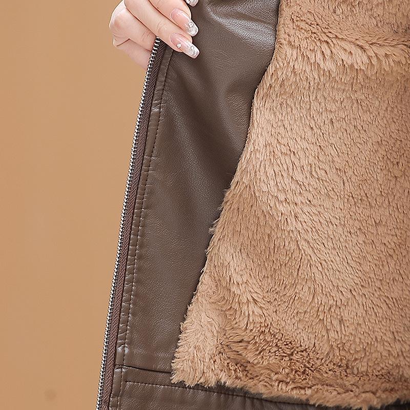 Winter neue modische Mutter-Plüsch-Lederjacke für Damen mittleren Alters, modische Lederjacke