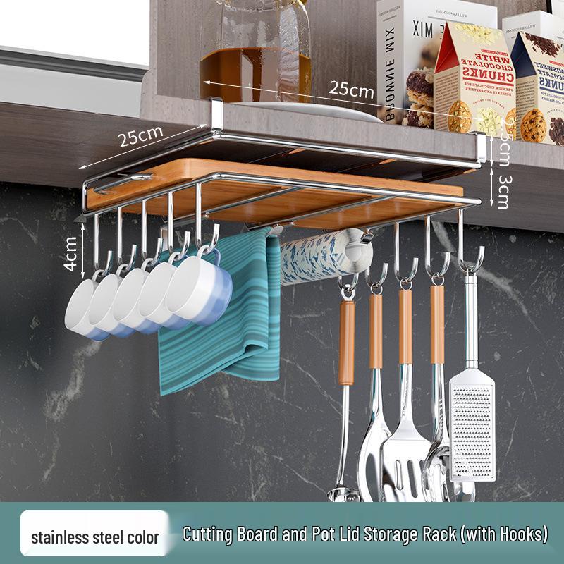 Multifunctional Under-Cabinet Storage Rack with Hooks for Pot Lids and Cutting Boards