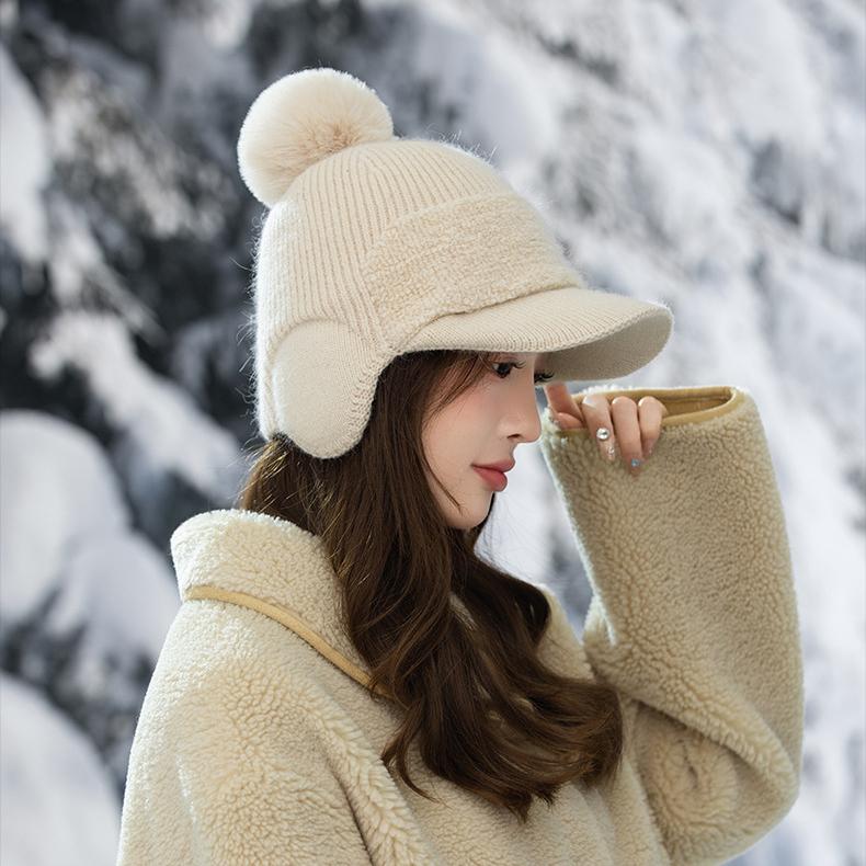 Women's Autumn and Winter Casual Plush Warm Cap Cute Hairball Ear Hat Outdoor Cold Hat New