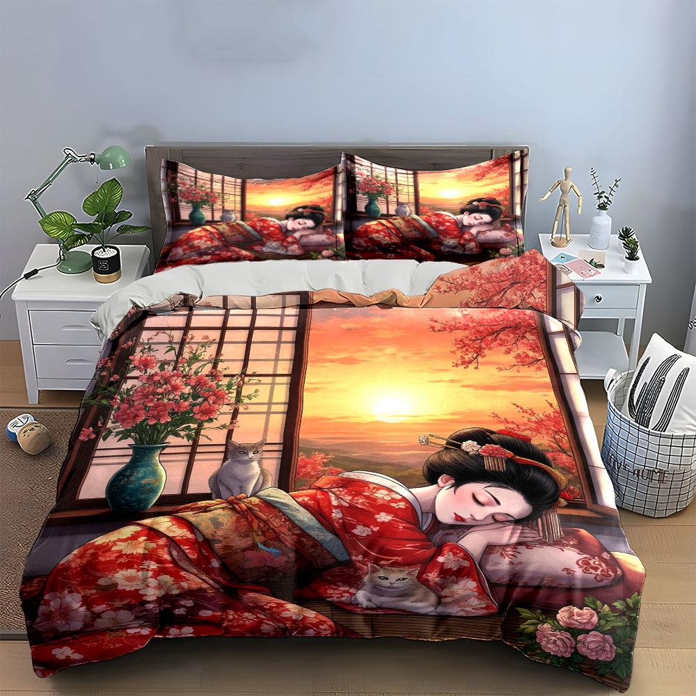 Japanese Ukiyo-e Geisha Two Cats Sunset Window Cherry Blossom Bedding SetVintage Kimono Floral Oriental Print Duvet CoverGift