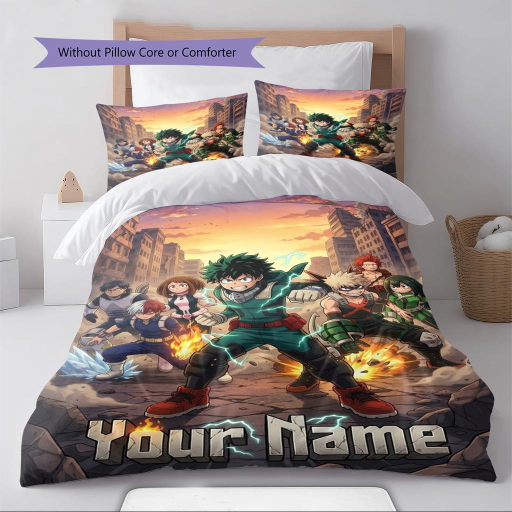 Name Custom My Hero Academia Pattern Bedding Set Quilt Cover Pillowcase Home Decor Gift (1 * Duvet Cover + 2 * Pillowcase, Without Core)
