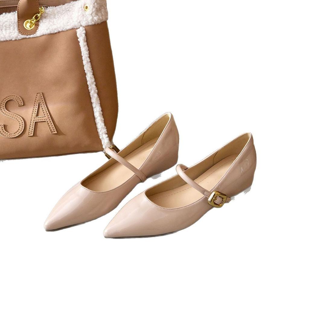 Sheepskin version~ 5cm small inner height increase French one-word buckle with patent leather Mary Jane shoes women's pointed head shallow mouth si