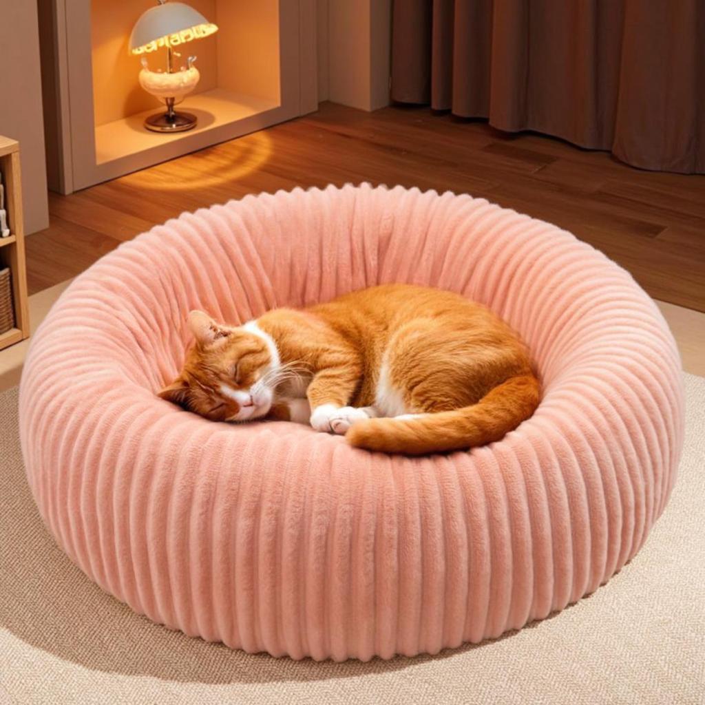 Warm Ribbed Flannel Round Dog Bed & Mat for Small-Medium Dogs
