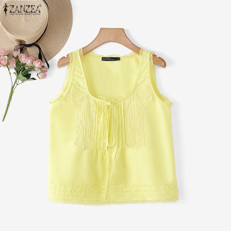 ZANZEA Canottiere Casual Estivi da Donna con Inserti in Pizzo, Scollo a U, Senza Maniche